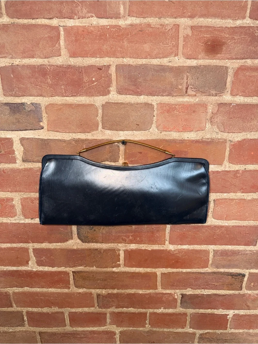 Blue Leather Wristlet Clutch with Gold-Tone Handle